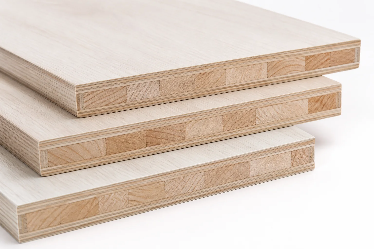 Eco-board panels showing decorative faces, veneer layers and a solid wood strip core