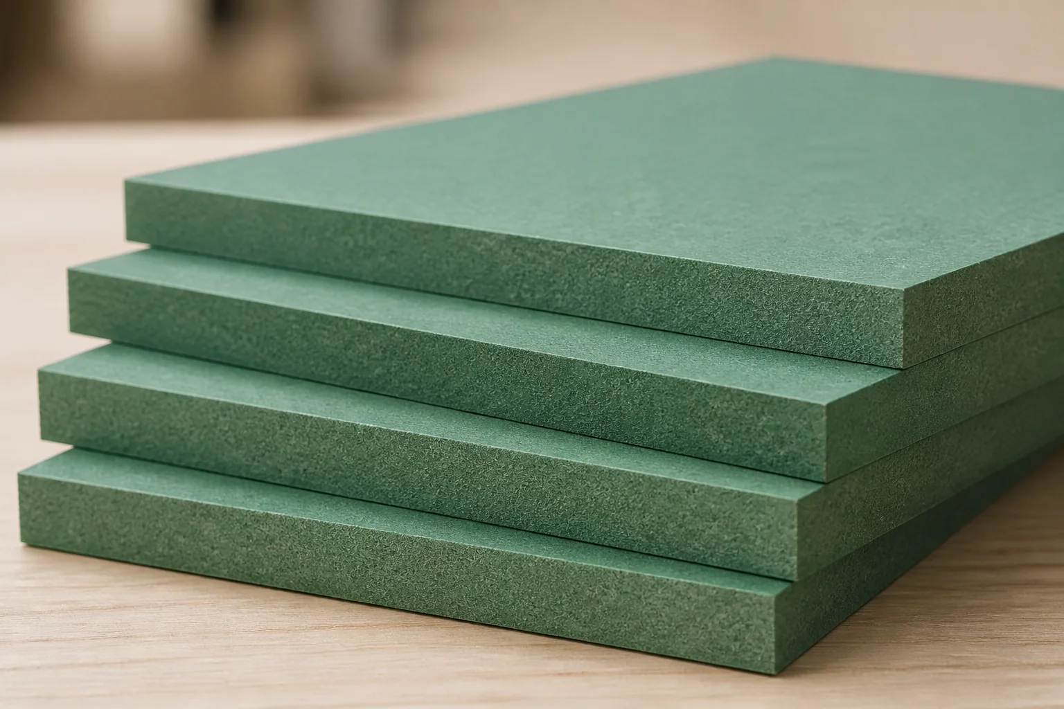 Stacked green moisture-resistant MDF boards showing a fine uniform fibre core