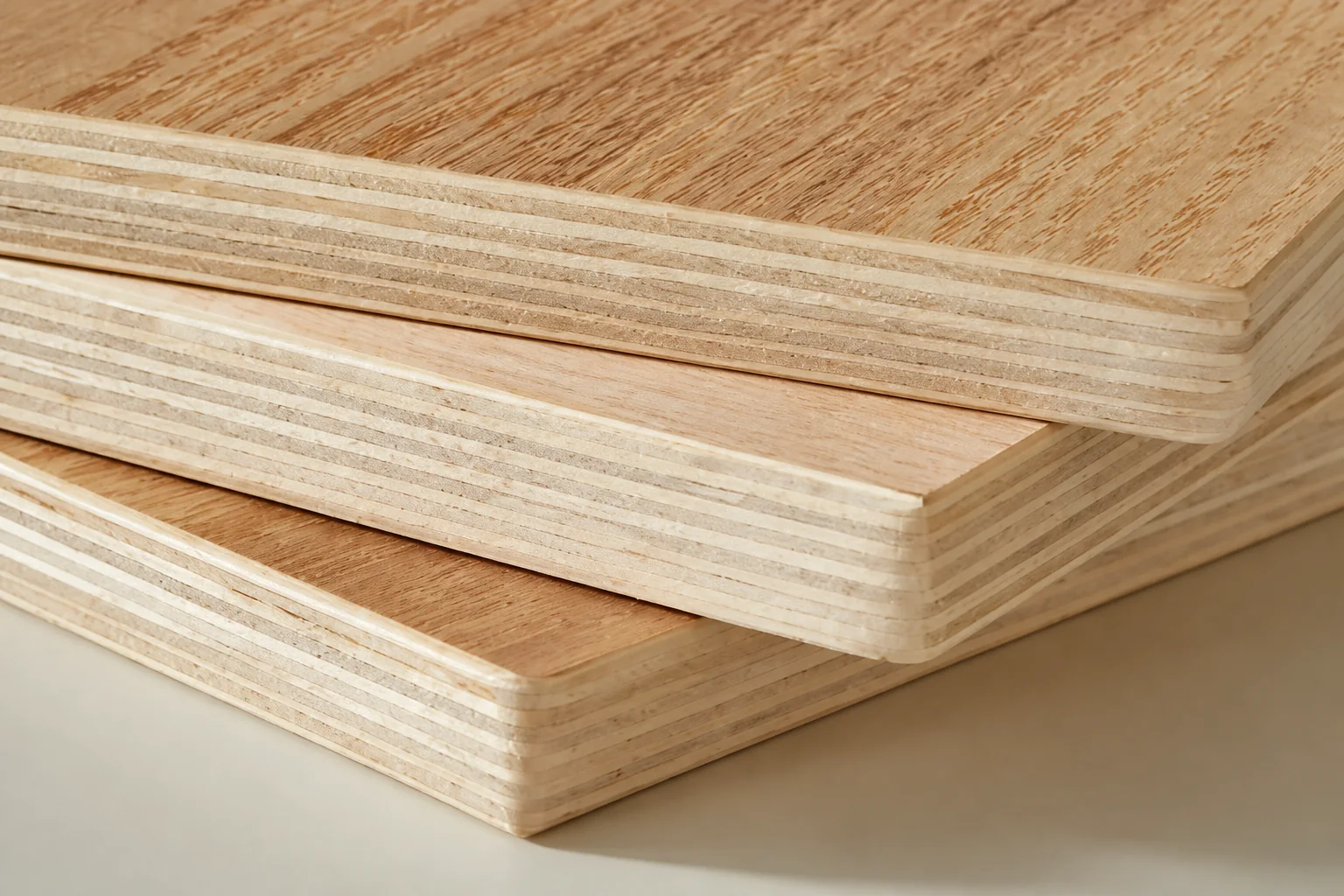 Stacked plywood cabinet boards showing multiple veneer layers