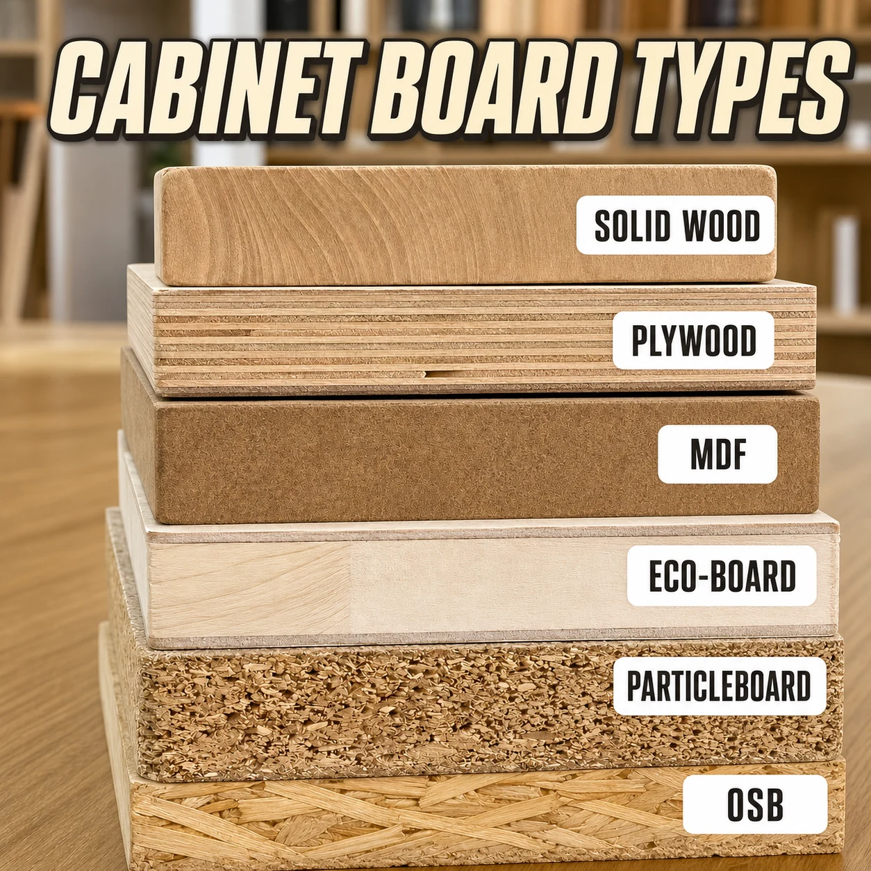 Six cabinet board types labelled in English