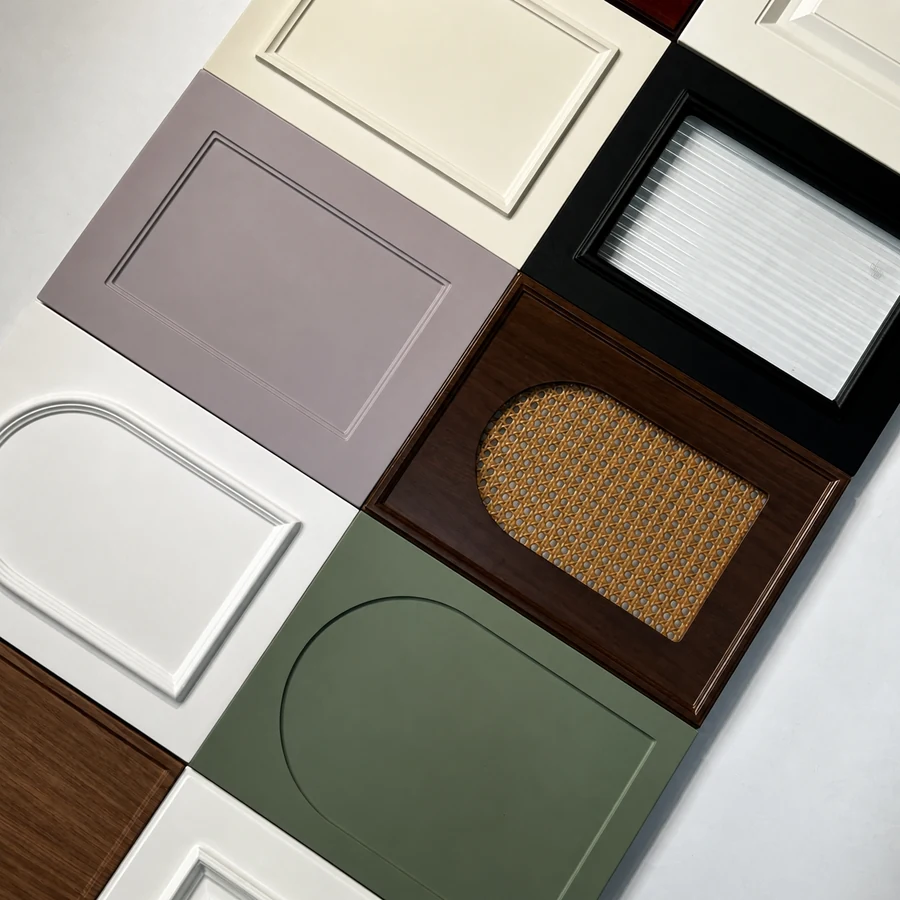 Ten cabinet door material samples including solid wood, stainless steel, lacquer, veneer, leather and glass