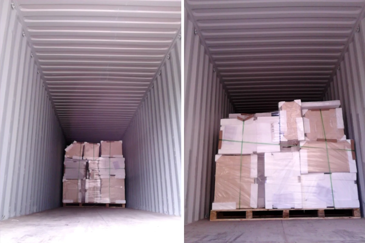 Real container-loading photographs showing cabinet packages at different loading stages
