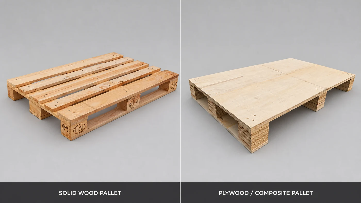 Side-by-side comparison of a solid wood export pallet and a plywood composite pallet