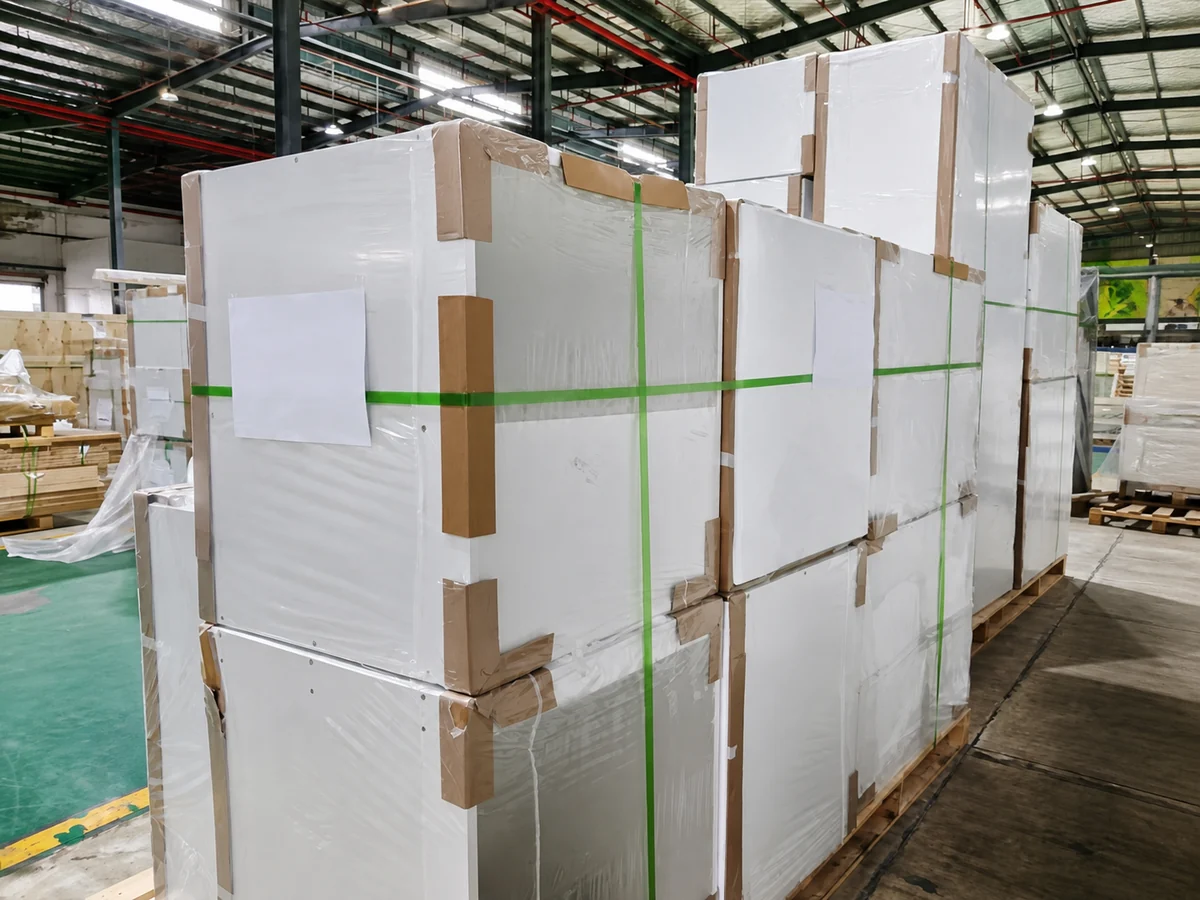 Processed real factory photograph showing wrapped cabinet loads, corner protection, straps and pallets