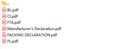 Example folder containing bill of lading, commercial invoice, free trade agreement, manufacturer declaration, packing declaration and packing list files