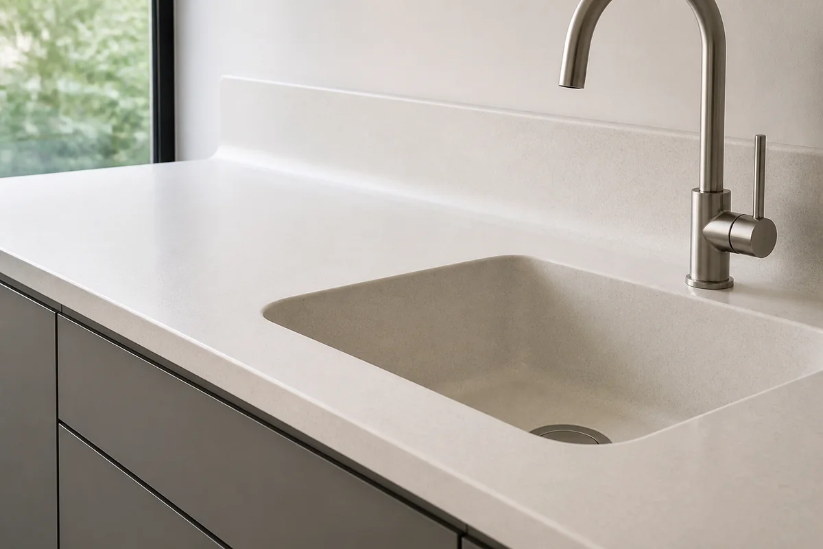 Warm white acrylic solid-surface countertop with integrated sink and coved backsplash
