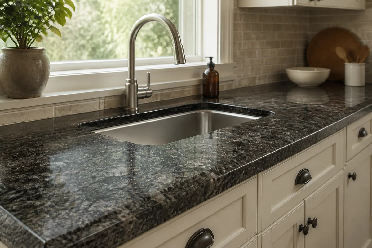 Dark polished natural granite countertop around an undermount sink