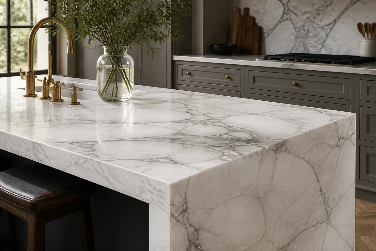 White natural marble kitchen island with expressive grey veining