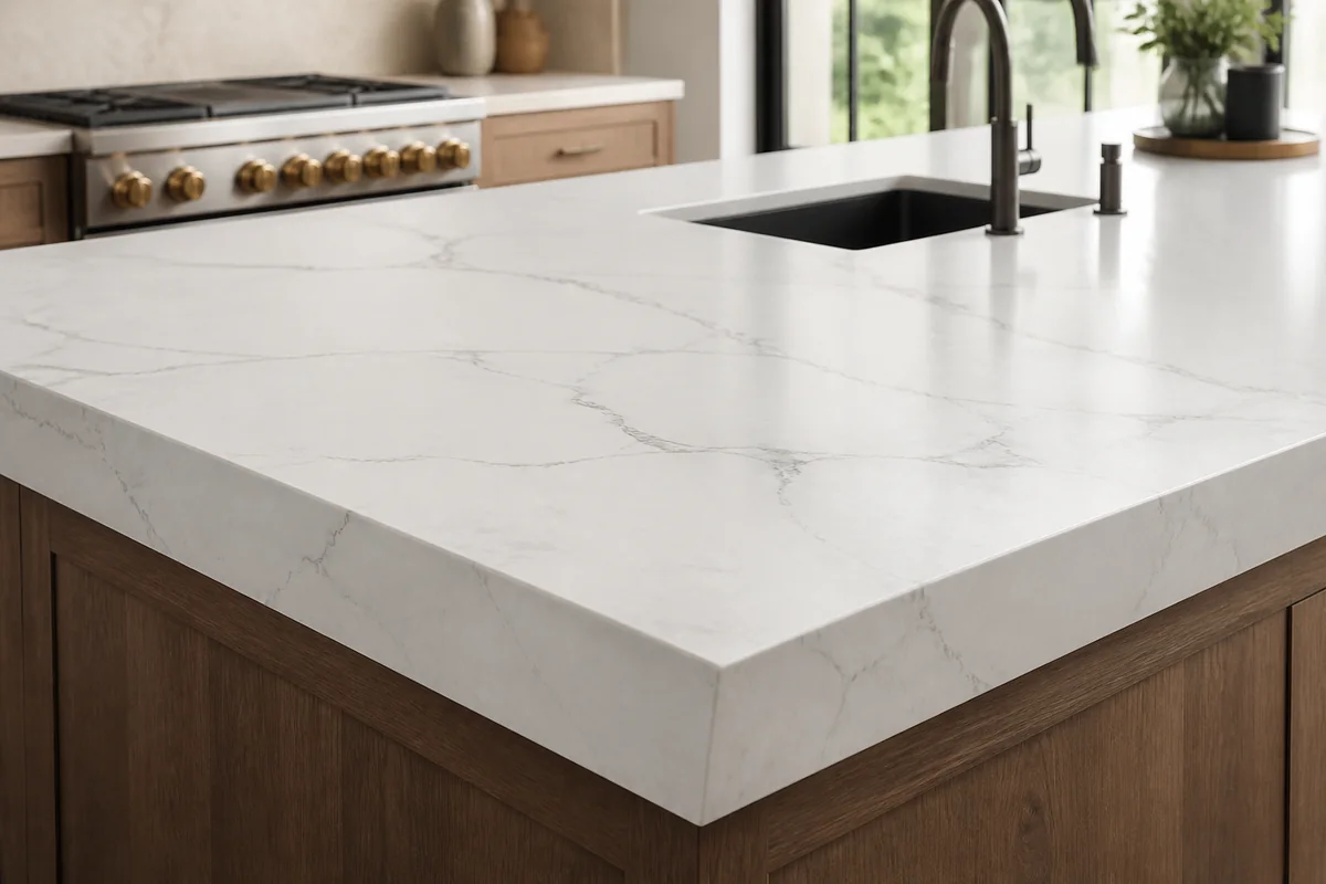 White engineered quartz kitchen island with subtle grey veining