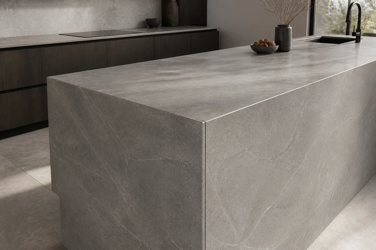 Matte grey sintered stone kitchen island with waterfall end