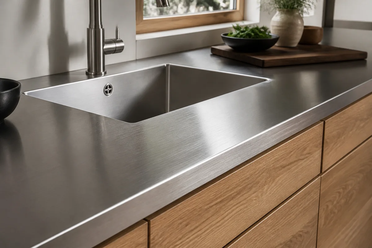 Satin brushed stainless-steel countertop with integrated welded sink