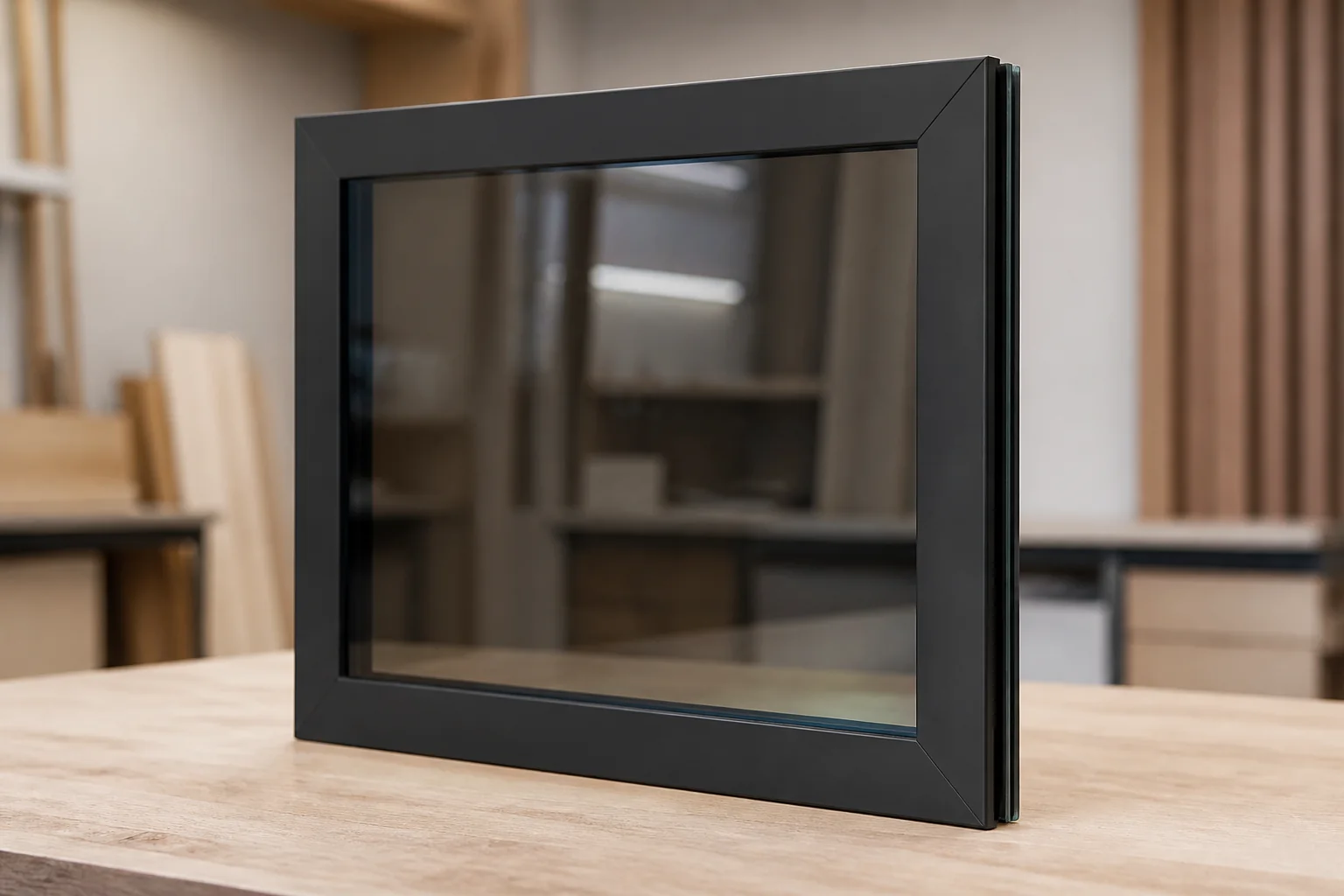 Smoked glass cabinet door with slim black aluminium frame