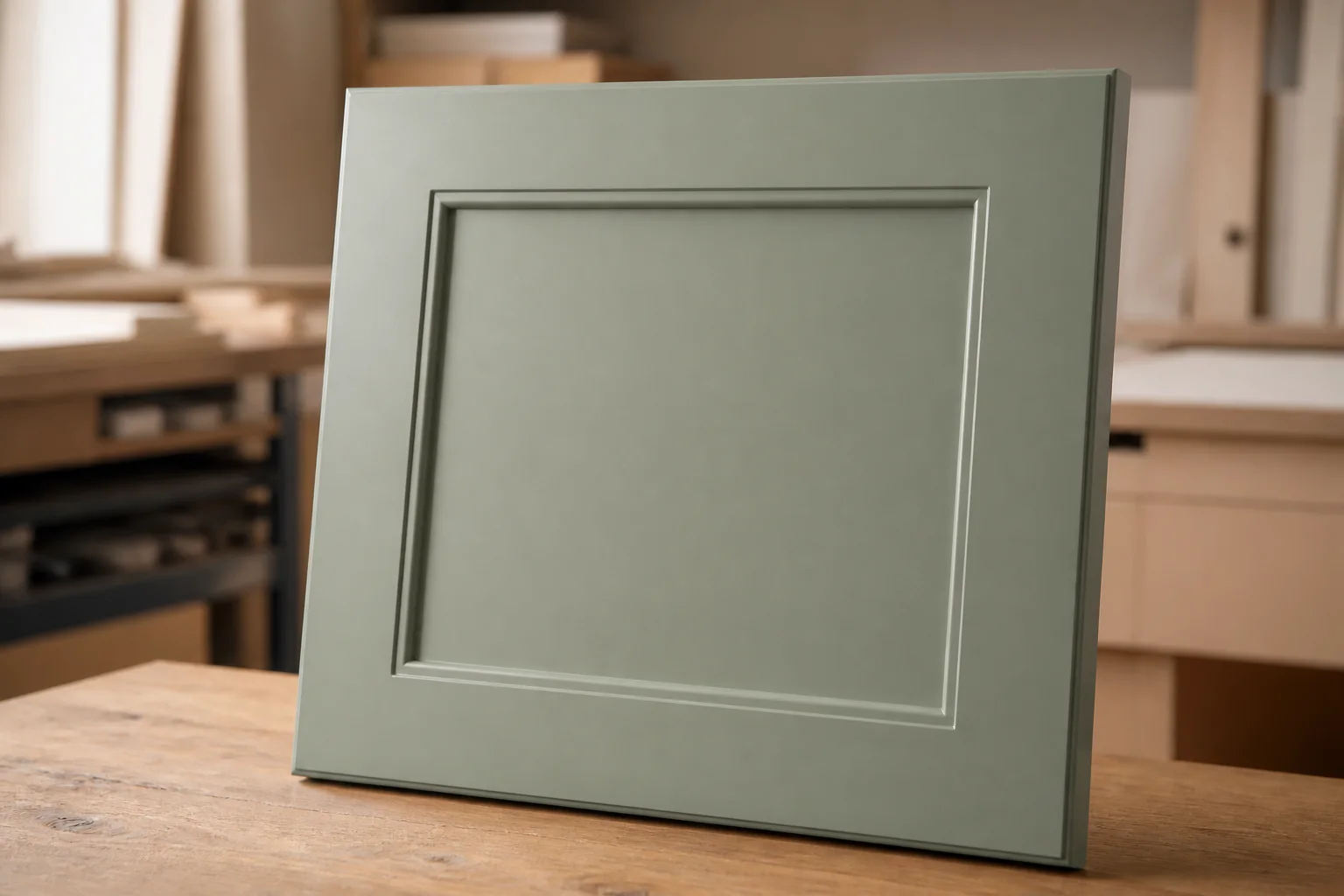 Sage green lacquered MDF shaker cabinet door
