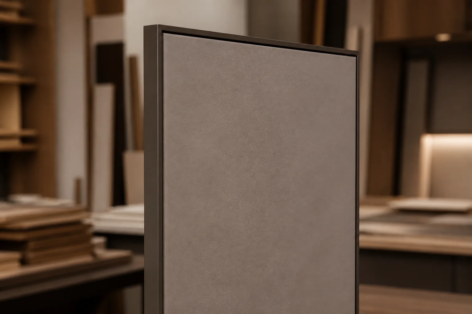 Taupe leather-faced cabinet door with slim aluminium frame