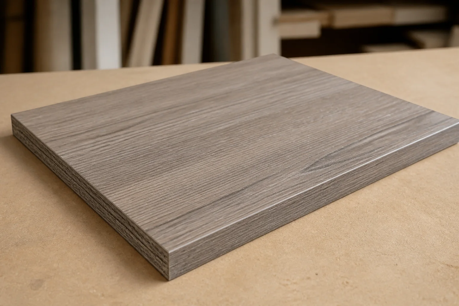 Wood-grain melamine cabinet door showing precise edge banding