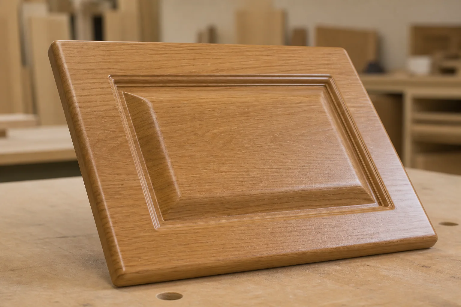 Oak PVC membrane cabinet door vacuum wrapped over a routed profile