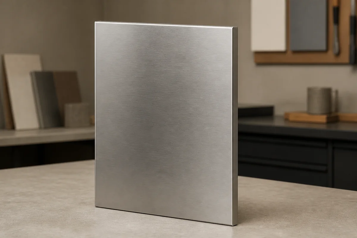 Satin brushed stainless steel handleless cabinet door
