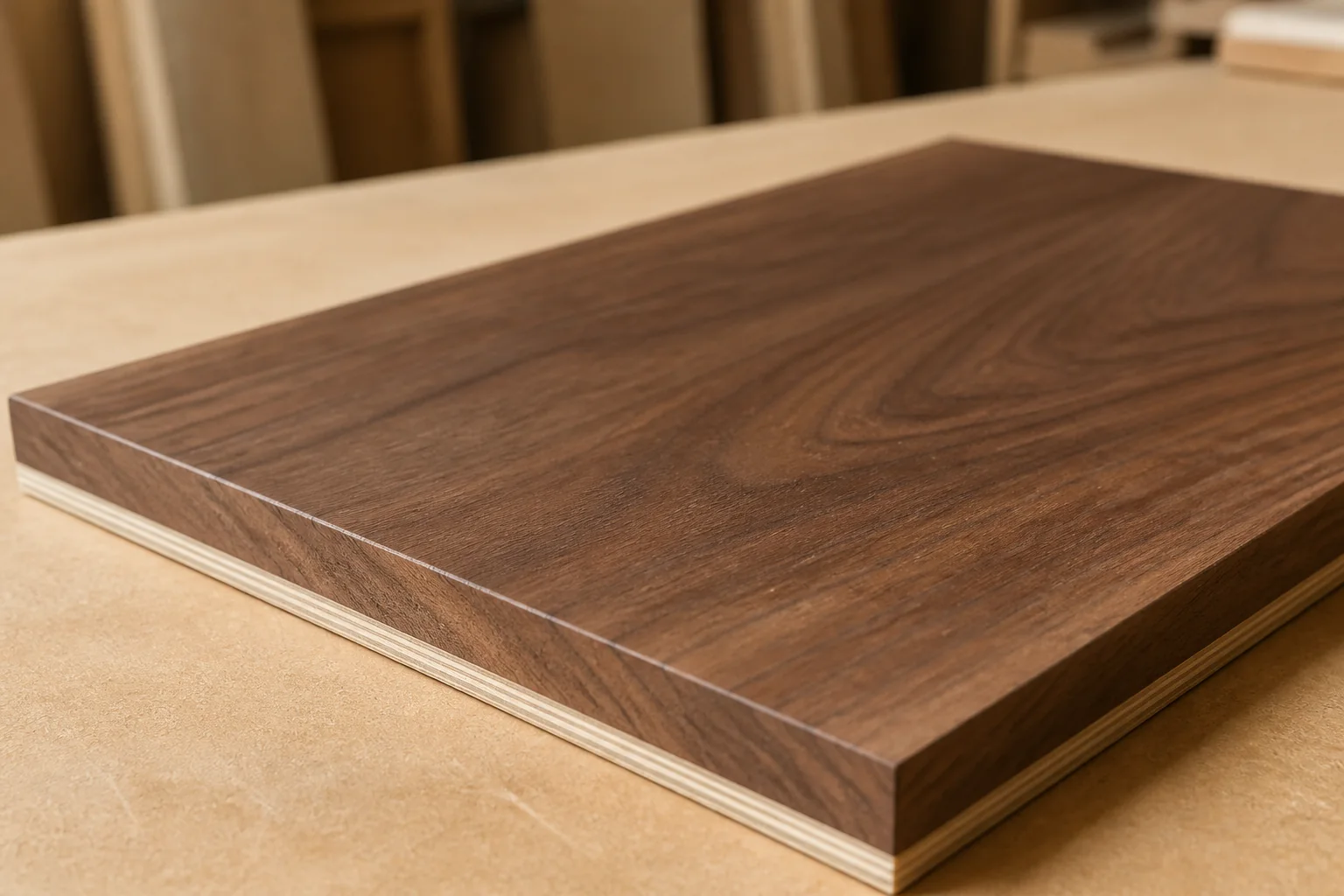 Natural walnut veneer cabinet door over plywood core