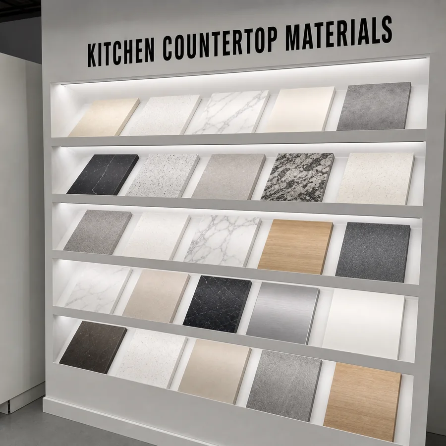 Illuminated showroom wall displaying multiple kitchen countertop material samples