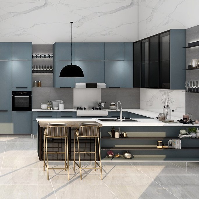 Blue and black kitchen storage cabinets