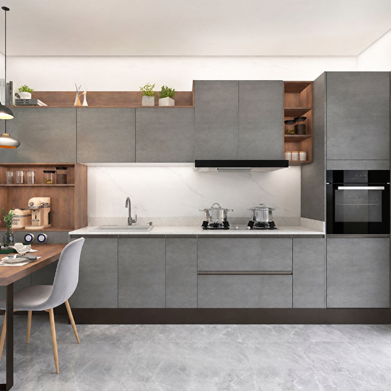 Custom grey apartment kitchen cabinets