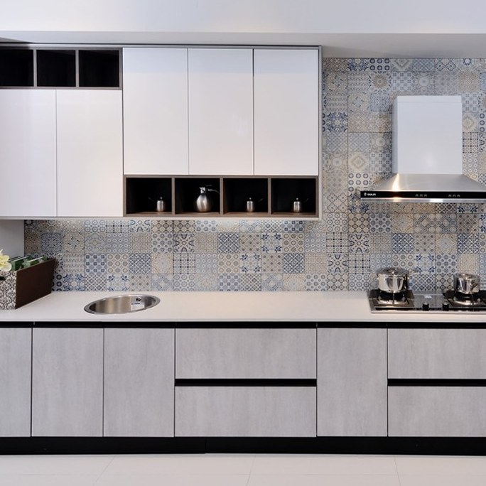 Compact grey apartment kitchen cabinets