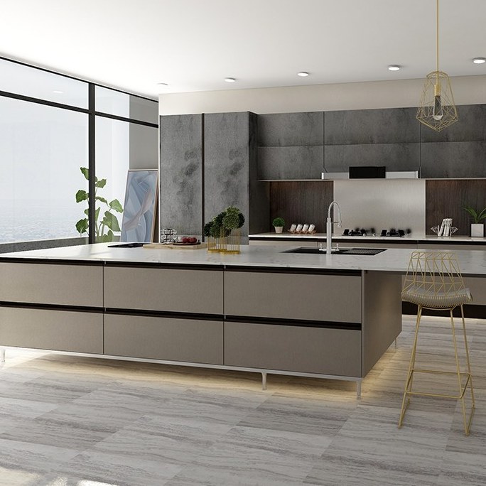 Grey lacquer island kitchen cabinets