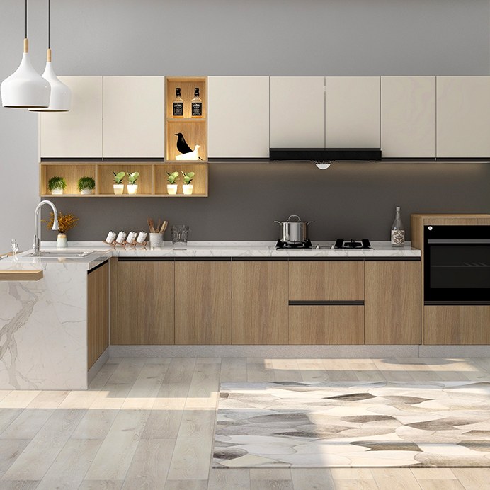 White and wood minimalist kitchen cabinets