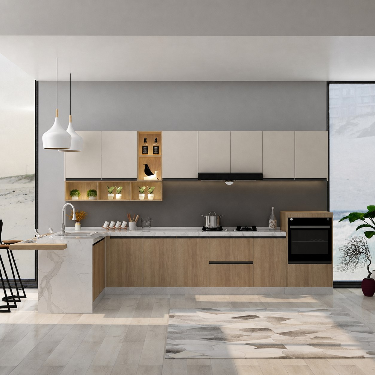 Minimalist white and wood mini kitchen