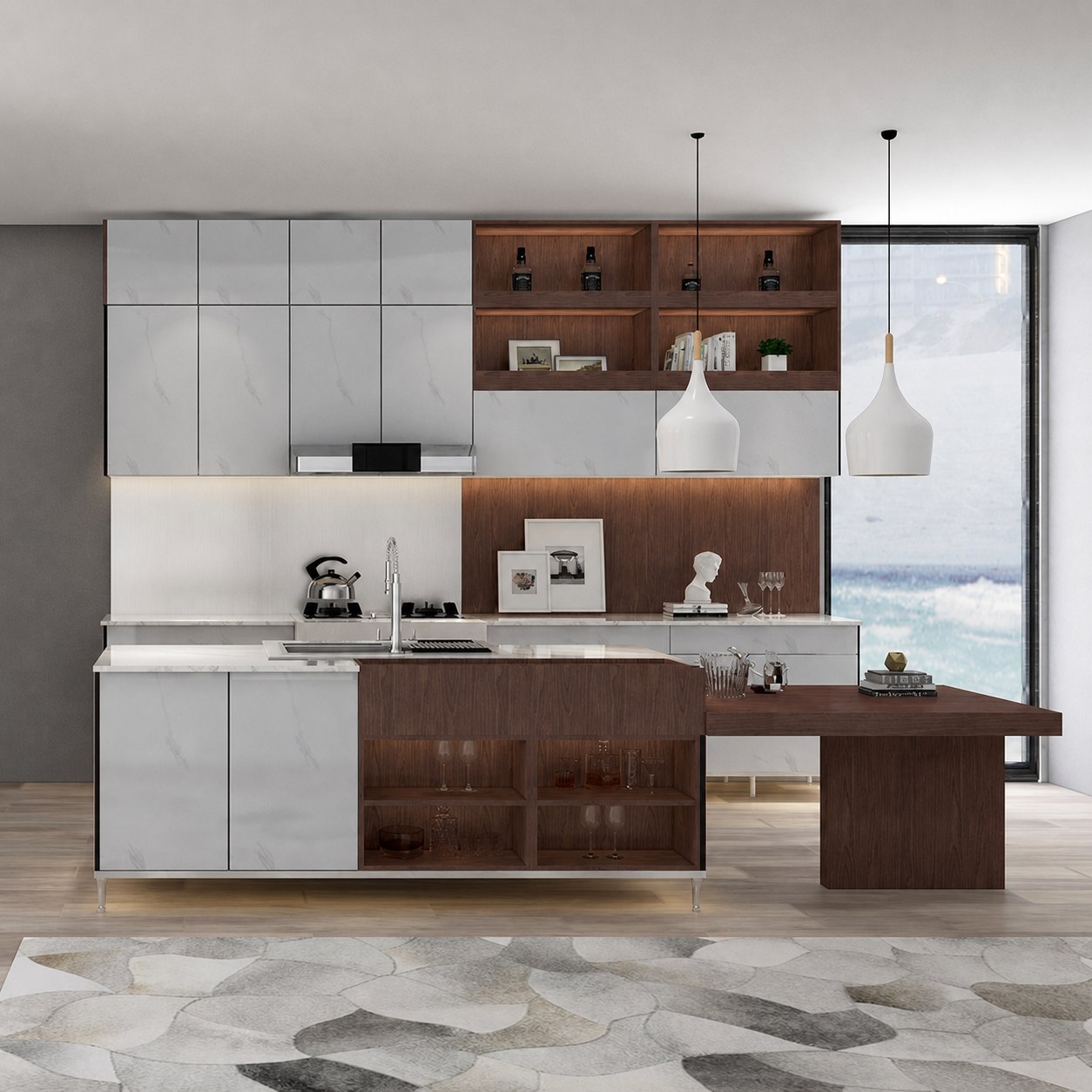Modern glass-front kitchen with wine storage