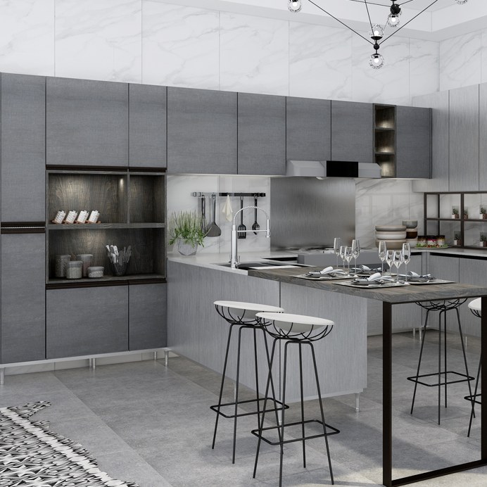 Soft pink modular kitchen with island