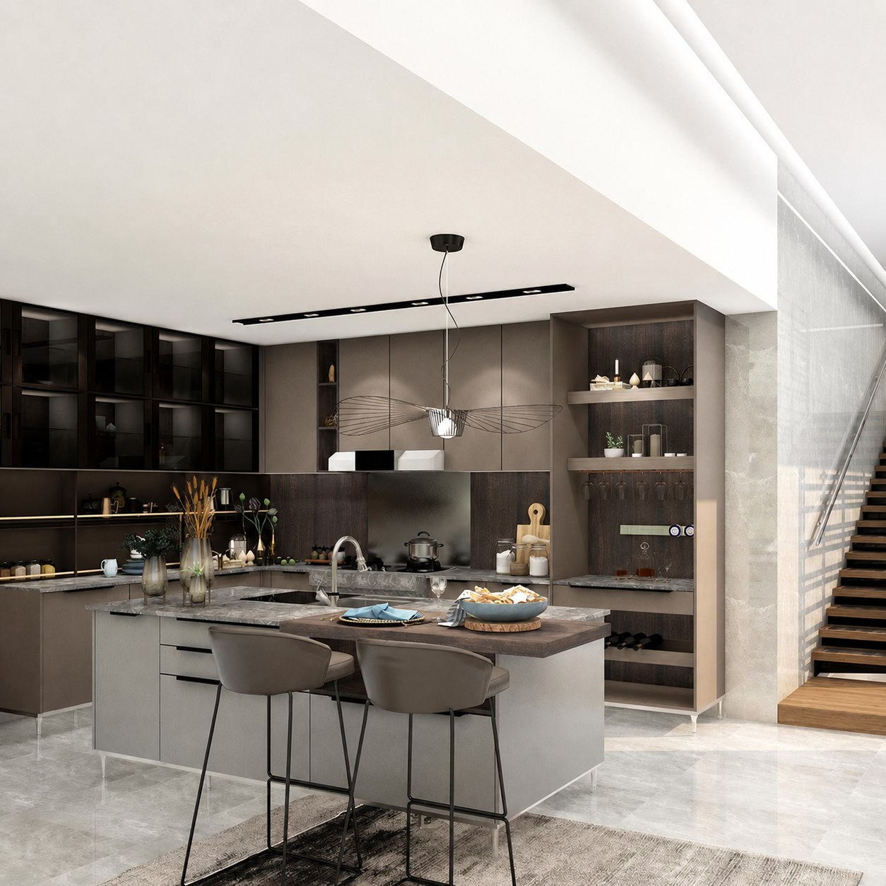 Premium brown modular kitchen cabinets with island