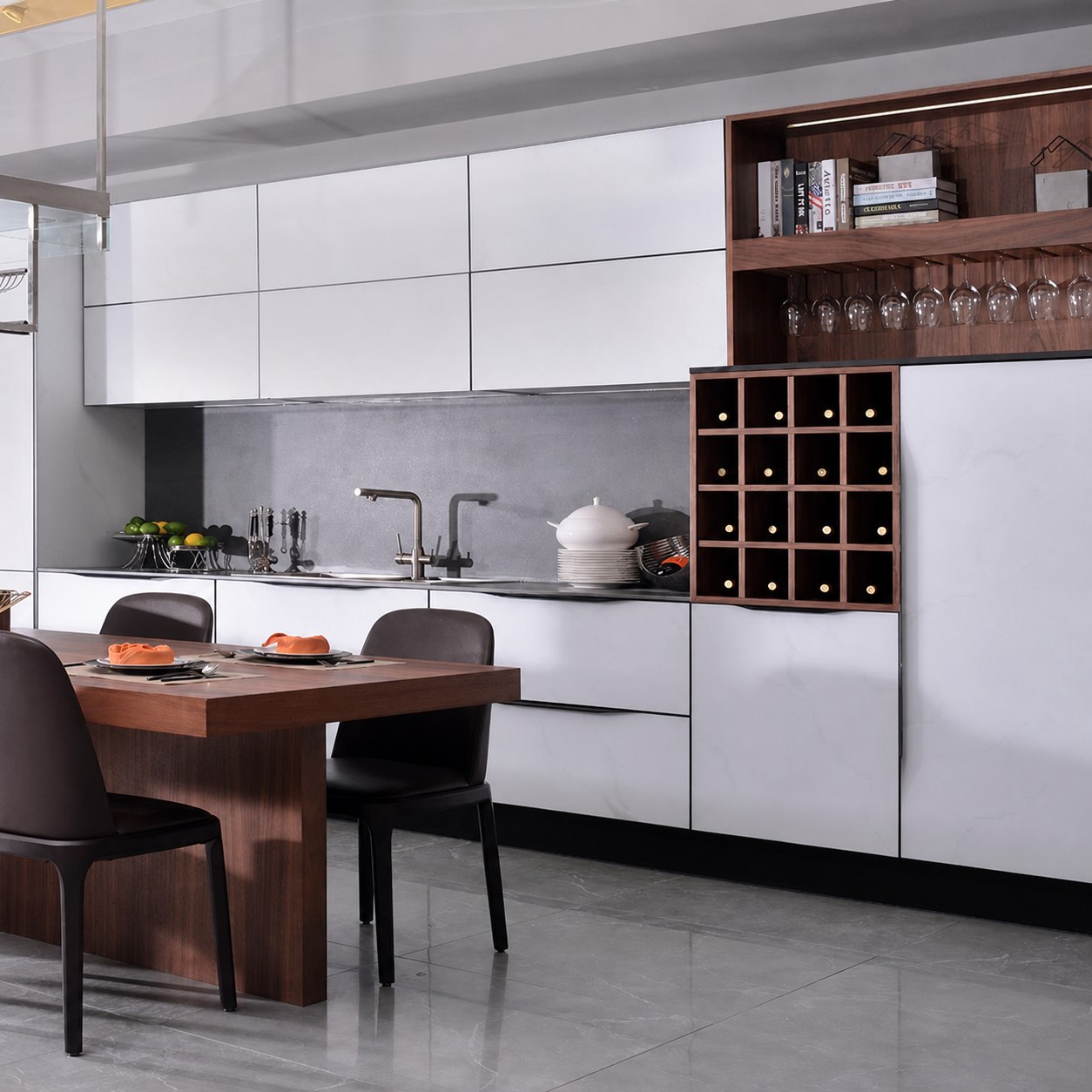 White Shaker kitchen with walnut storage