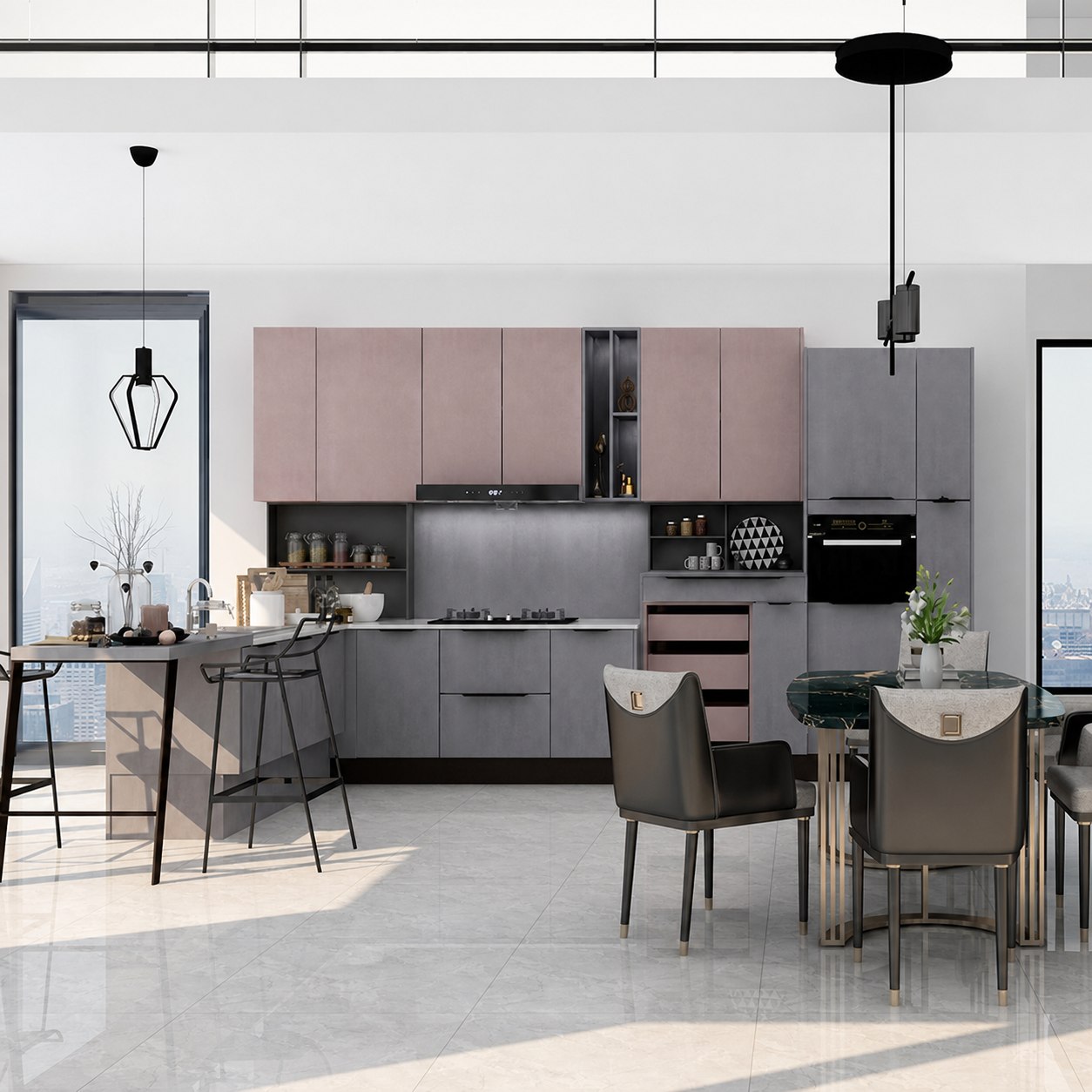 Grey and blush modular kitchen cabinets