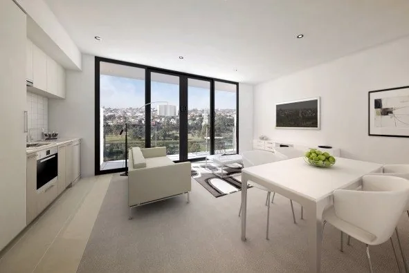 Open-plan white kitchen in an Australian apartment