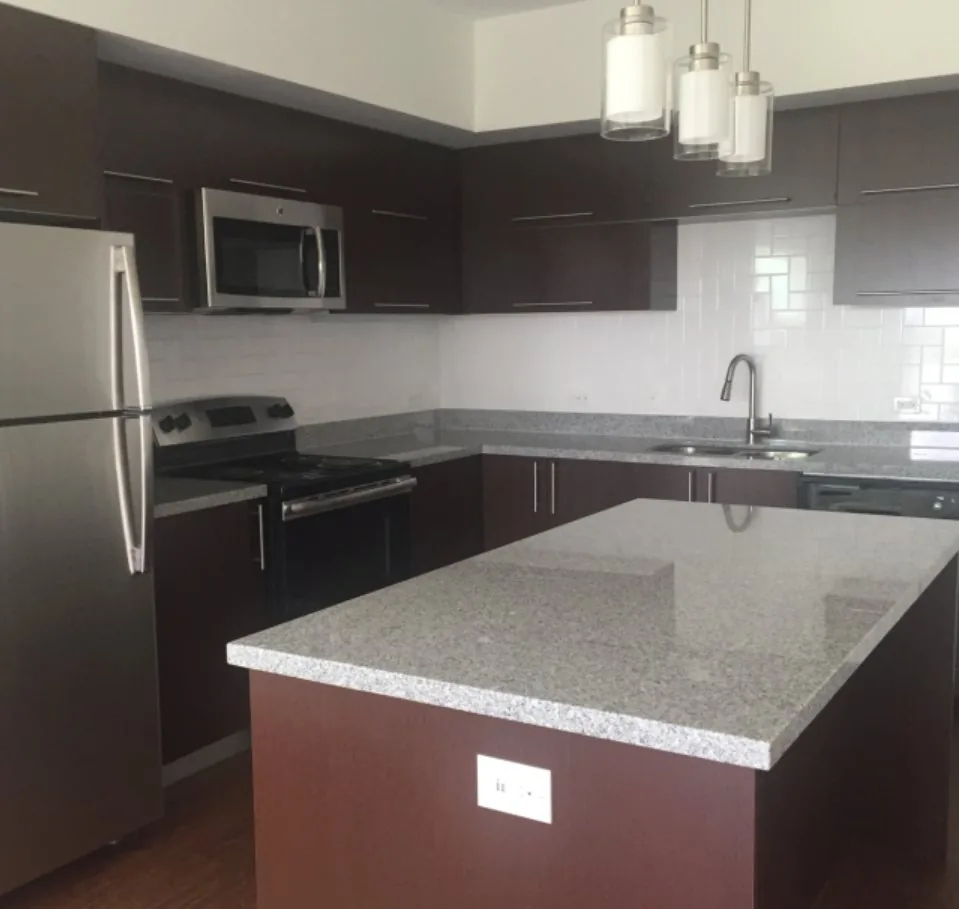 Dark and white kitchen cabinetry in an Austin multi-unit residence