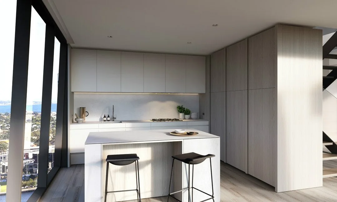Grey contemporary kitchen cabinetry in a Melbourne waterfront interior