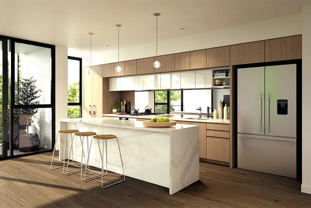 Timber and white kitchen cabinetry in a Melbourne apartment
